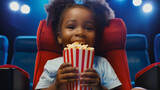 Menina afro segurando um balde de pipocas no cinema 