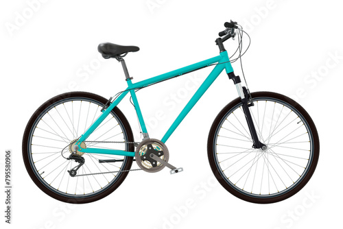 Blue teal bicycle, side view. Black leather saddle and handles. Png clipart isolated on transparent background photo