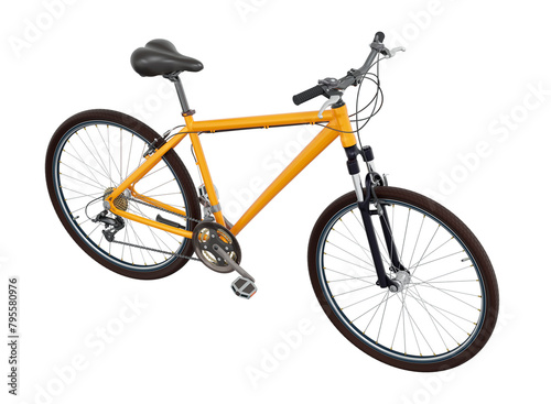 Orange bicycle, side top view. Black leather saddle and handles. Png clipart isolated on transparent background