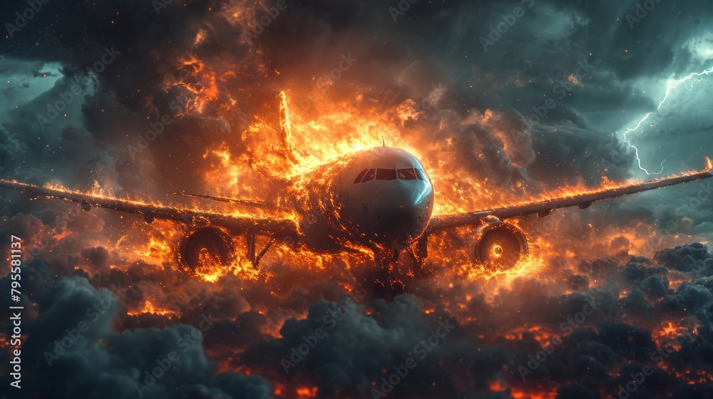 The fiery silhouette of a plane engulfs the night sky, a tragic crash during takeoff. A plane disaster in midair.