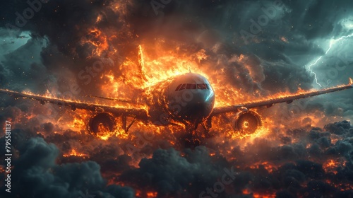 The fiery silhouette of a plane engulfs the night sky, a tragic crash during takeoff. A plane disaster in midair. photo