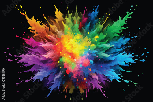 colorful rainbow holi paint color powder explosion vector  isolated wide black panorama background