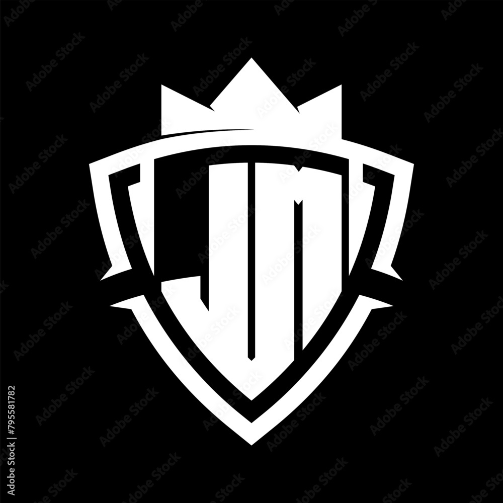 JM Letter monogram with triangle curve shield shape with crown white and black background color design JM Letter monogram with triangle curve shield shape with crown white and black background color design