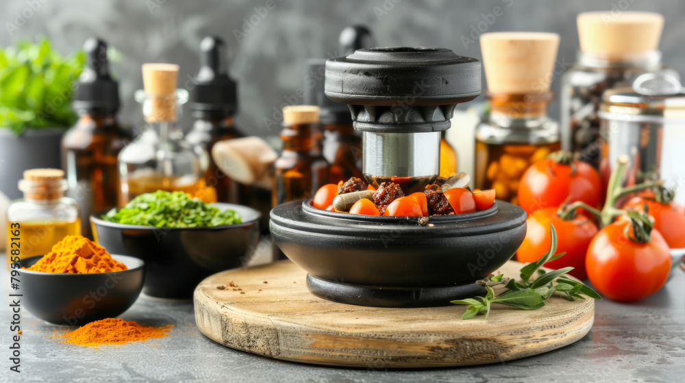 A black bowl with a lid sits on a wooden cutting board. The bowl is filled with a variety of spices and herbs, including cumin, coriander, and parsley