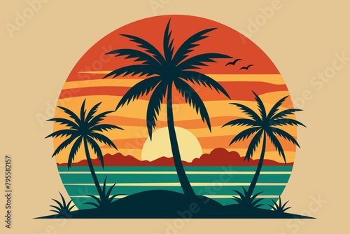 Vintage Summer Palm Beach  Minimalist Vector Illustration