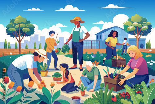 Community Garden Gathering: Volunteers Tending Urban Green Space