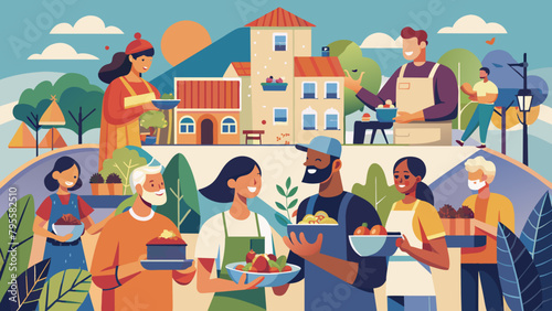 Vibrant Community Potluck Gathering with Diverse People Sharing Food