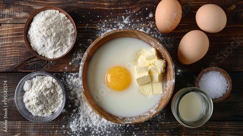 Close up of bowl containing eggs, flour, and butter