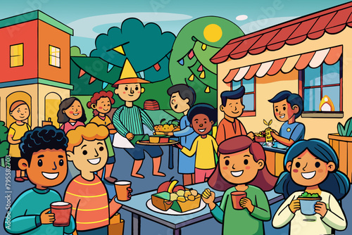 Colorful Neighborhood Street Food Festival Illustration