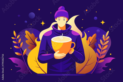 Tranquil Autumn Evening: Woman Savoring Warm Beverage