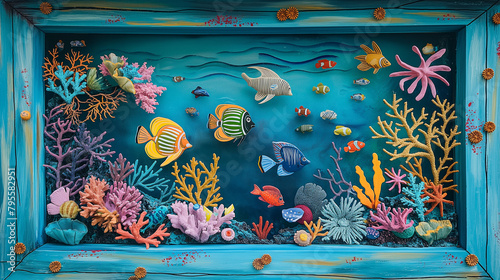 Vibrant coral reef and tropical fish in underwater diorama