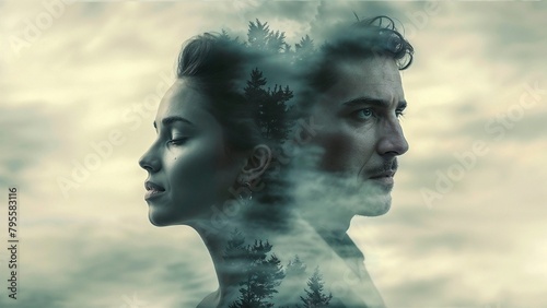 A dreamlike double exposure image merges the profiles of a contemplative man and a serene woman with the silhouettes of towering trees against a cloudy sky, evoking a sense of unity with nature.