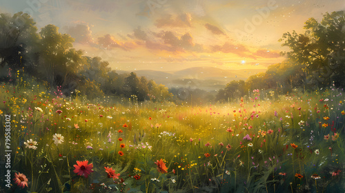 A pastel painting captures the tranquil beauty of a meadow at dawn, filled with wildflowers, dew, and birdsong, showcasing the soft light and renewal.