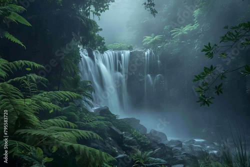 Misty waterfall shrouded in dense forest foliage and ferns