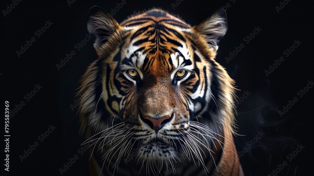 A Close-Up of a Tiger set against a dark background, the intense and majestic presence of a tiger. Generative AI
