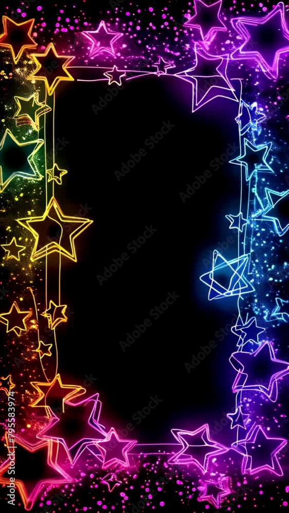 stars decorated neon glowing empty frame for text, festive shining particles, Vibrant neon border illuminated , holiday promotions, birthday announcements, and sales events with space ,seamless loop.