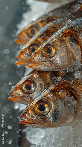 Artistic capture of frozen fish arranged symmetrically in a market, detailed close-up showcasing textures and freshness