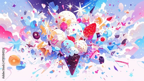 Surreal scene of ice cream scoops exploding in a nebula-like galaxy, abstract art style, dreamy and whimsical photo