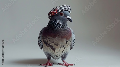 Plucky pigeon in a sports cap struts with swagger across white photo