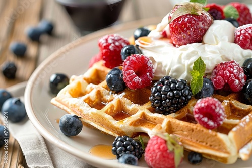 Plate of whole grain waffles with Greek yogurt and mixed berries, a nutritious and indulgent breakfast