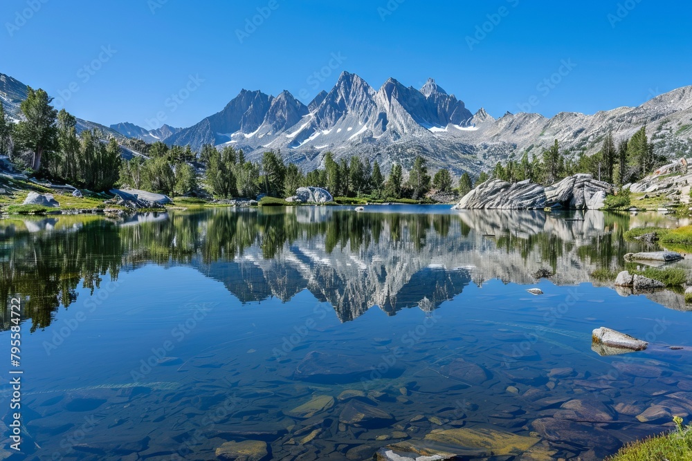 Pristine mountain lake with a mirrored reflection of the surrounding peaks