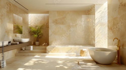 Tranquil Luxury Spa Interior with Lush Greenery and Natural Light. home spa concept. Generative ai