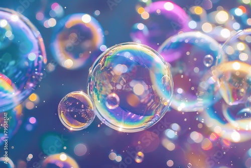 Rainbow-colored bubbles transparently floating in the air