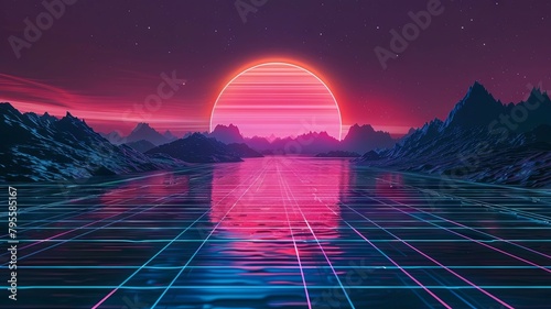 Ethereal Sunset Vaporwave Landscape with Glowing Neon Grid Reflection