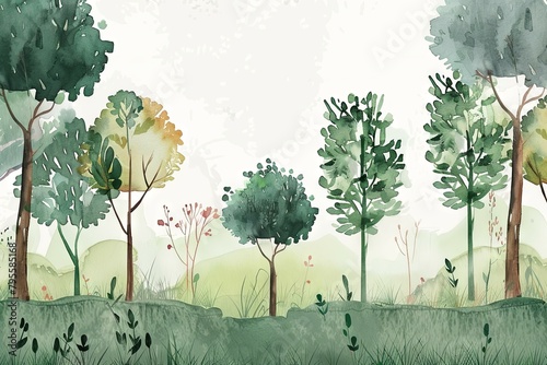 Enchanting Watercolor Forest Landscape with Lush Foliage and Serene Atmosphere
