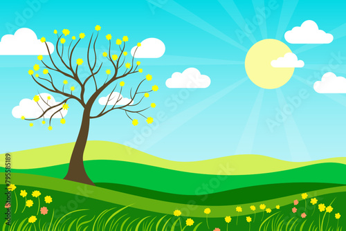 Landscape vector illustration of green fields and meadows  spring flowers and blossoming tree. Simple landscape of natural green fields with lush grass. Natural landscape.