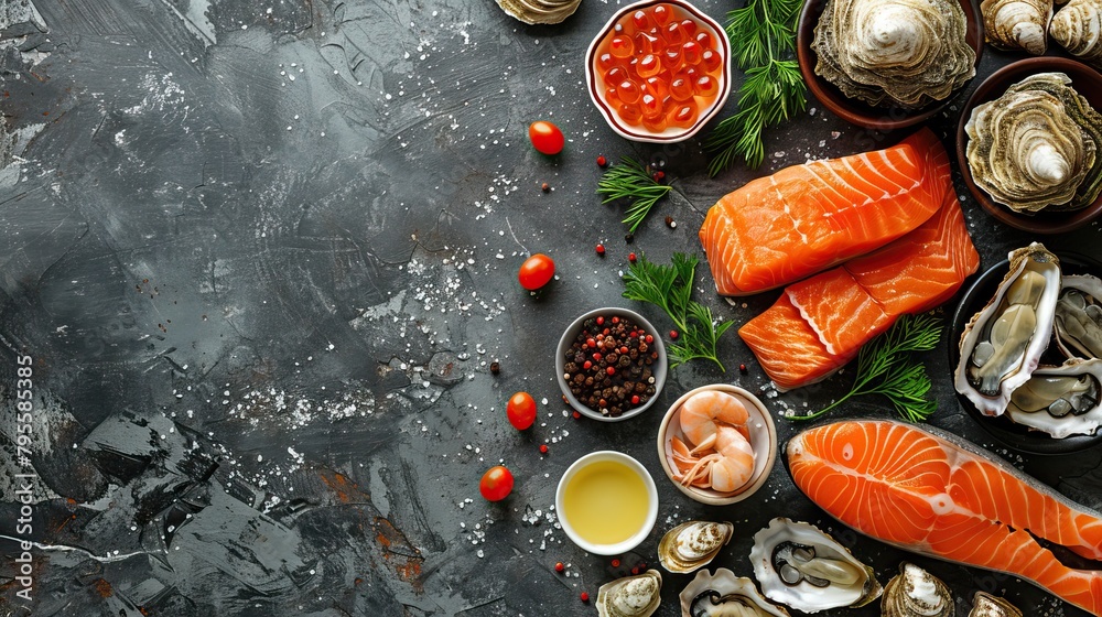 Beautiful seafood with vegetables and herbs on a dark stone background. Food advertising. Banner, menu. Beautiful seafood with vegetables and herbs on a dark stone background. Food advertising. Banner, menu.