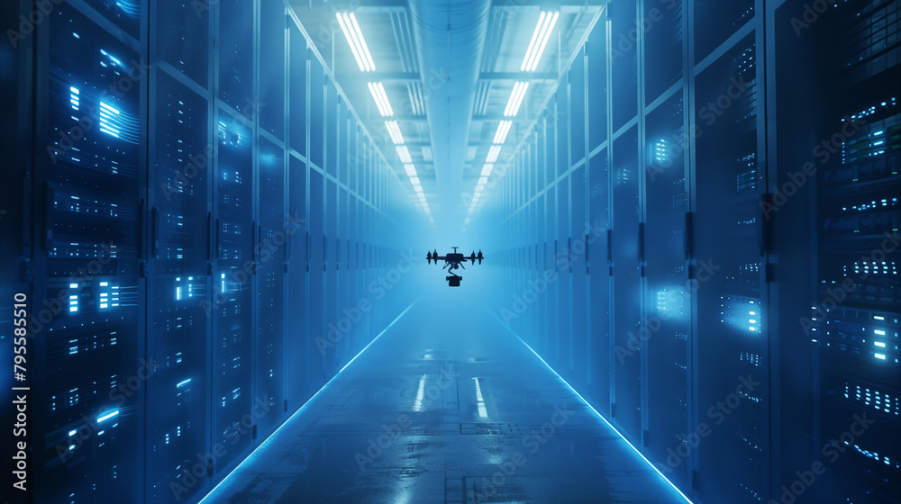 long, narrow corridor flanked by high-tech server racks emitting blue light. A drone is hovering in the middle of the corridor. Overhead lights cast a bright, white glow.