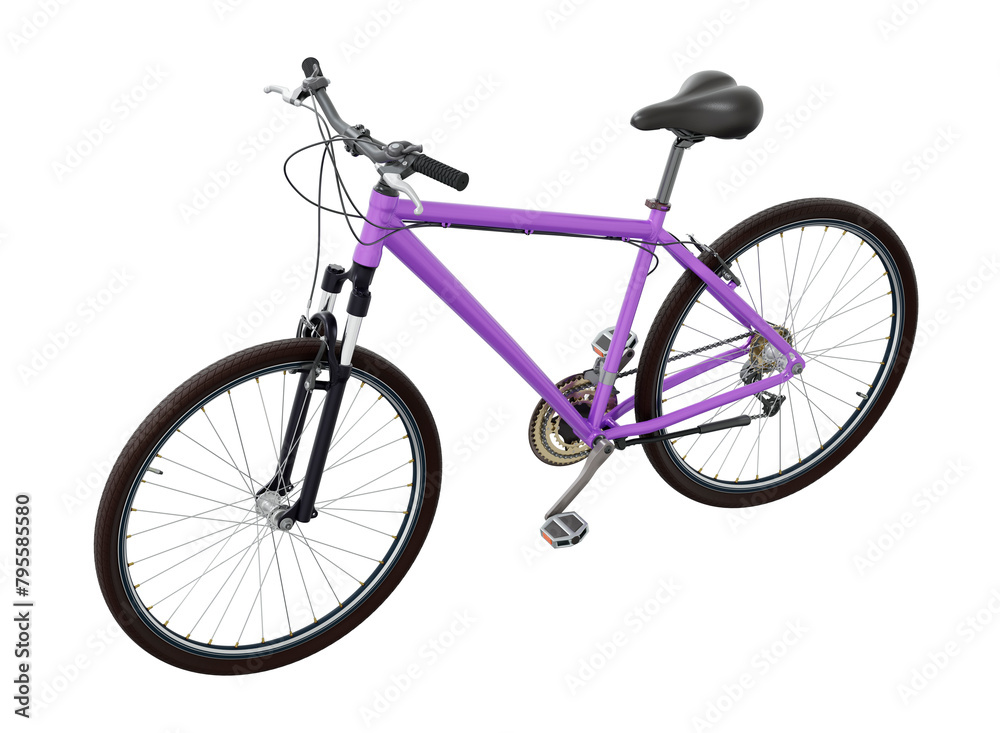 Purple bicycle, side front view. Black leather saddle and handles. Png clipart isolated on transparent background
