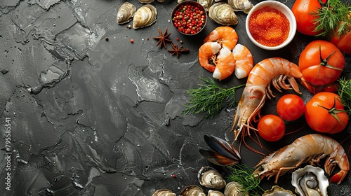 Beautiful seafood with vegetables and herbs on a dark stone background. Food advertising. Banner, menu.