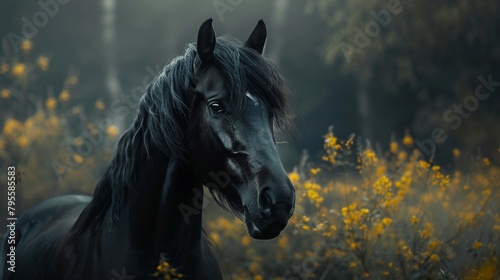 Majestic Black Horse Amidst a Misty Golden Meadow. Generative AI
