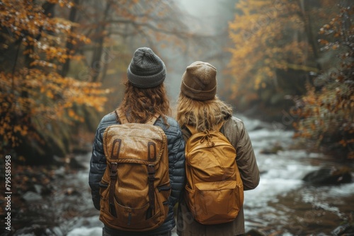 Two adventurers with backpacks embark on a journey through a misty, autumnal forest, signifying friendship and exploration