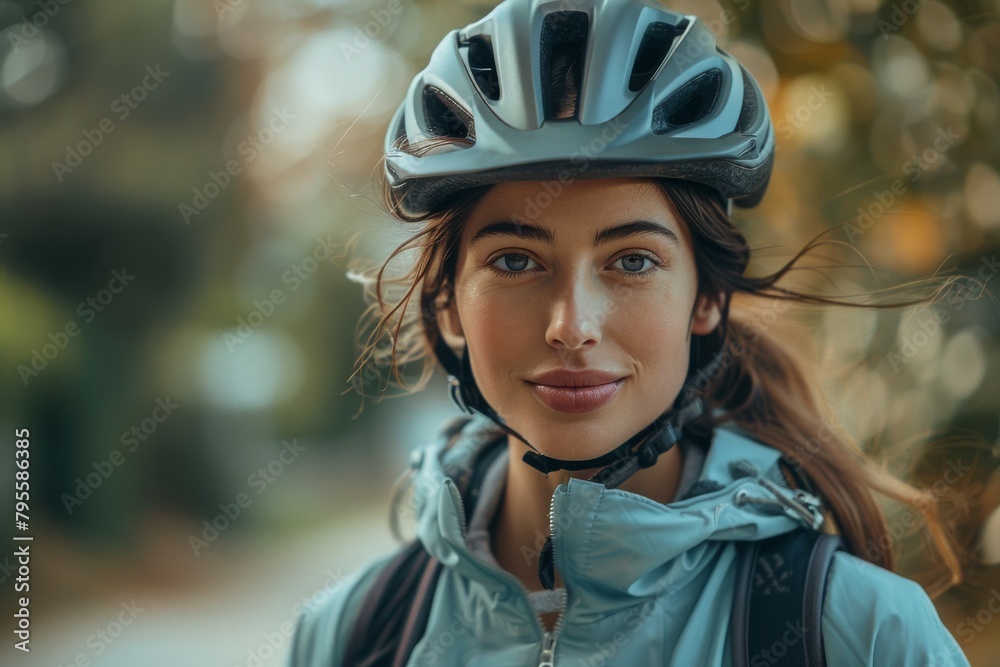 Portrait of a fitness-focused woman wearing a helmet, suggesting a cycling theme amidst natural surroundings Portrait of a fitness-focused woman wearing a helmet, suggesting a cycling theme amidst natural surroundings
