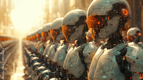 Futuristic robotic army aligned in a dystopian battlefield with hazy backdrop photo