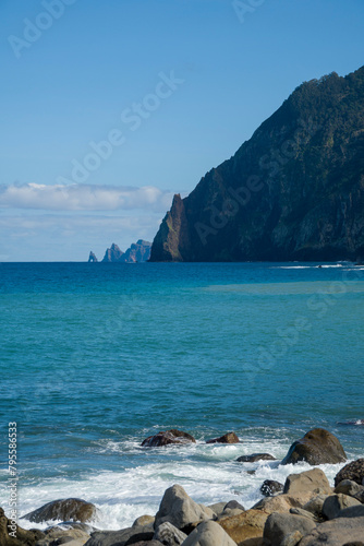 Machico coastal town in the North of Madeira island Portugal seascape of the Atlantic ocean