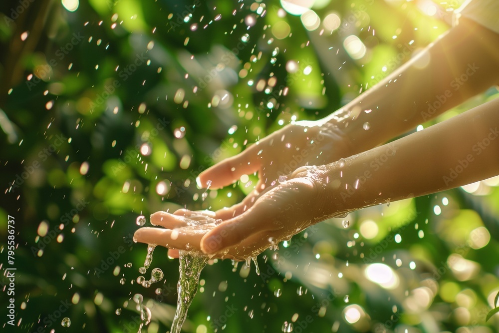 Flowing Water Embraces Women's Hands in Nature's Embrace, Against a Garden Backdrop