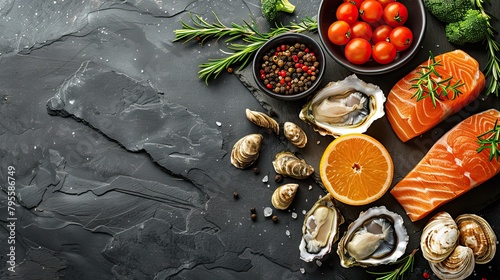 Beautiful seafood with vegetables and herbs on a dark stone background. Food advertising. Banner, menu.