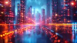 Futuristic cityscape illuminated by neon lights under AI governance, visualizing advanced urban development