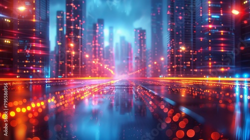 Futuristic cityscape illuminated by neon lights under AI governance, visualizing advanced urban development