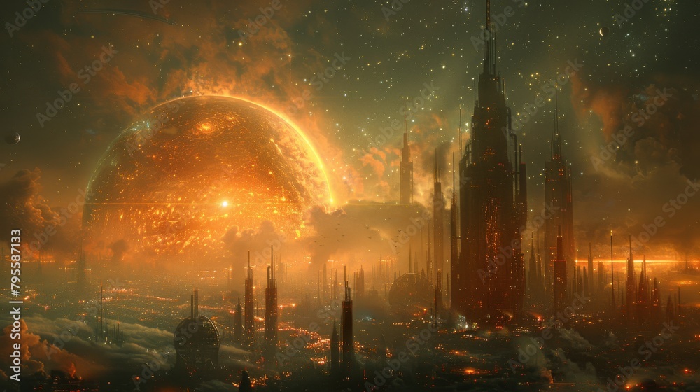 Futuristic cityscape with giant red planet and mysterious figure in a cloak