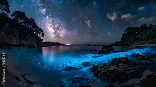 Milky Way galaxy over the ocean with rocky coastline in the foreground © Philip