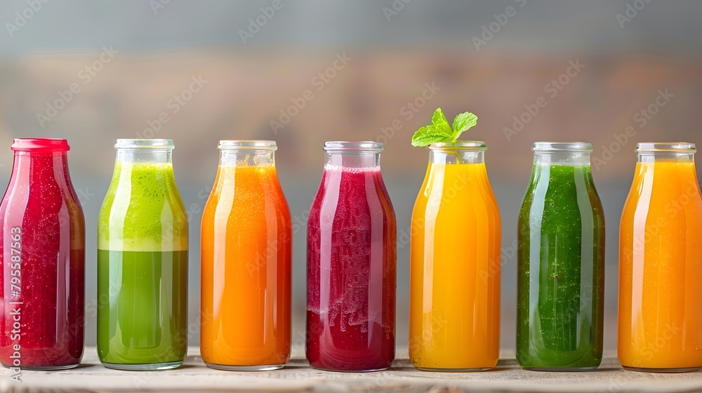 A lot of different colored smoothies in tall glasses with leaves on them, top view of puree texture A lot of different colored smoothies in tall glasses with leaves on them, top view of puree texture