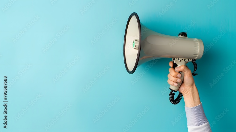 Person's hand gripping a megaphone against a blue background. Promotion ad concept. Person's hand gripping a megaphone against a blue background. Promotion ad concept.