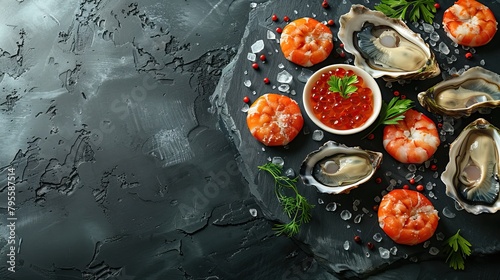 Beautiful seafood with vegetables and herbs on a dark stone background. Food advertising. Banner, menu.