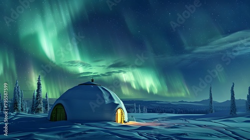 Igloos in snow field with beautiful aurora northern lights in night sky in winter.