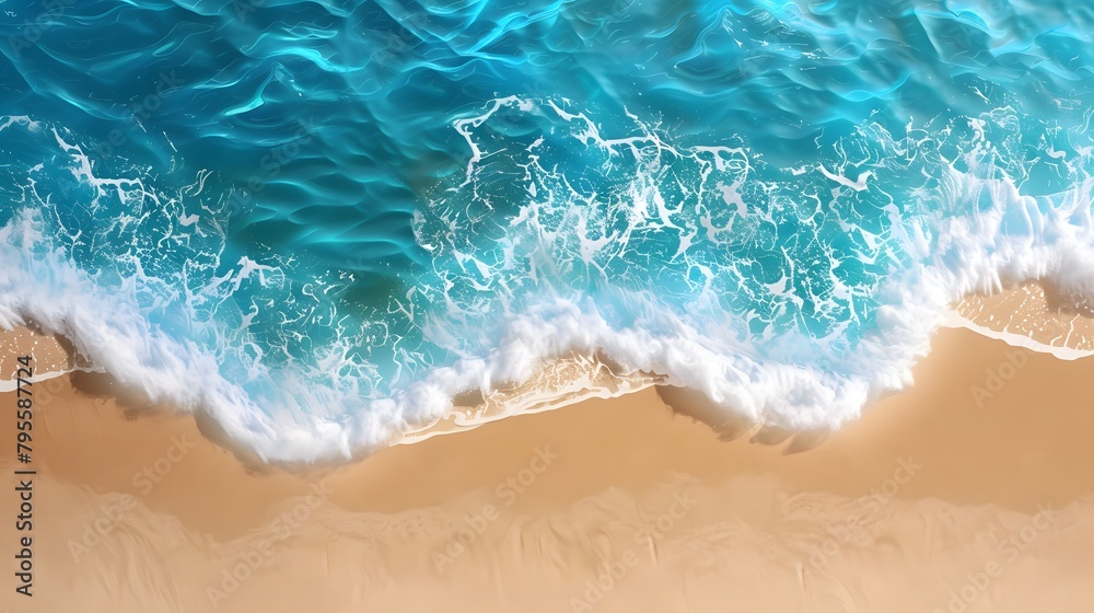 Drone top view at a tropical beach with a bleu ocean, Overhead photo of crashing waves on the shoreline beach. Tropical beach surf.